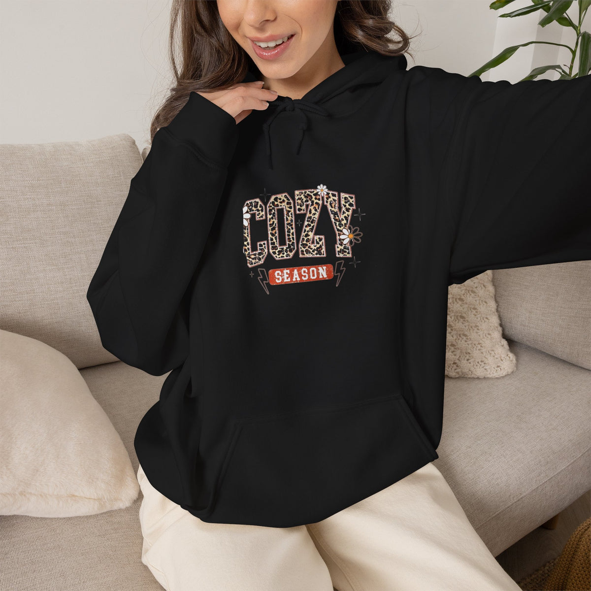 Cozy Season Hoodie — Leopard Script "Cozy" Fall Sweatshirt