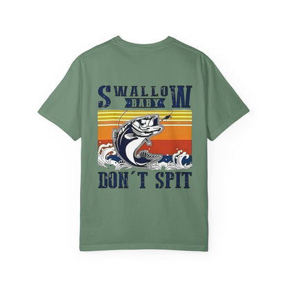 Swallow Baby Don't Spit Fishing Graphic T-Shirt | Retro Sunset Bass Design