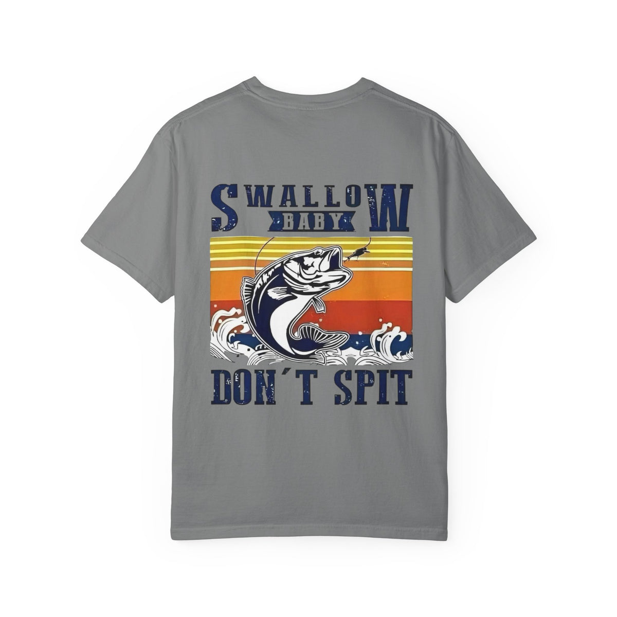 Swallow Baby Don't Spit Fishing Graphic T-Shirt | Retro Sunset Bass Design