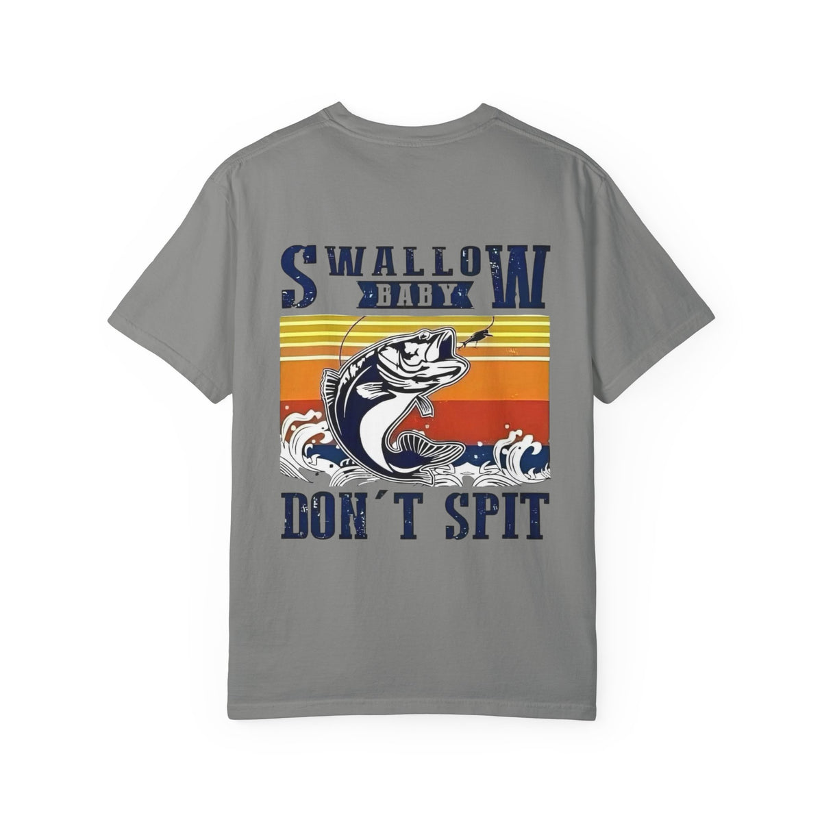 Swallow Baby Don't Spit Fishing Graphic T-Shirt | Retro Sunset Bass Design