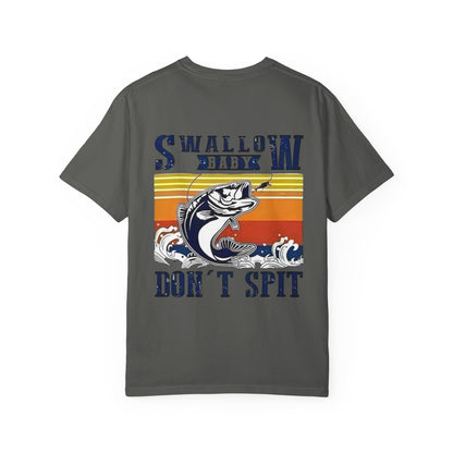 Swallow Baby Don't Spit Fishing Graphic T-Shirt | Retro Sunset Bass Design