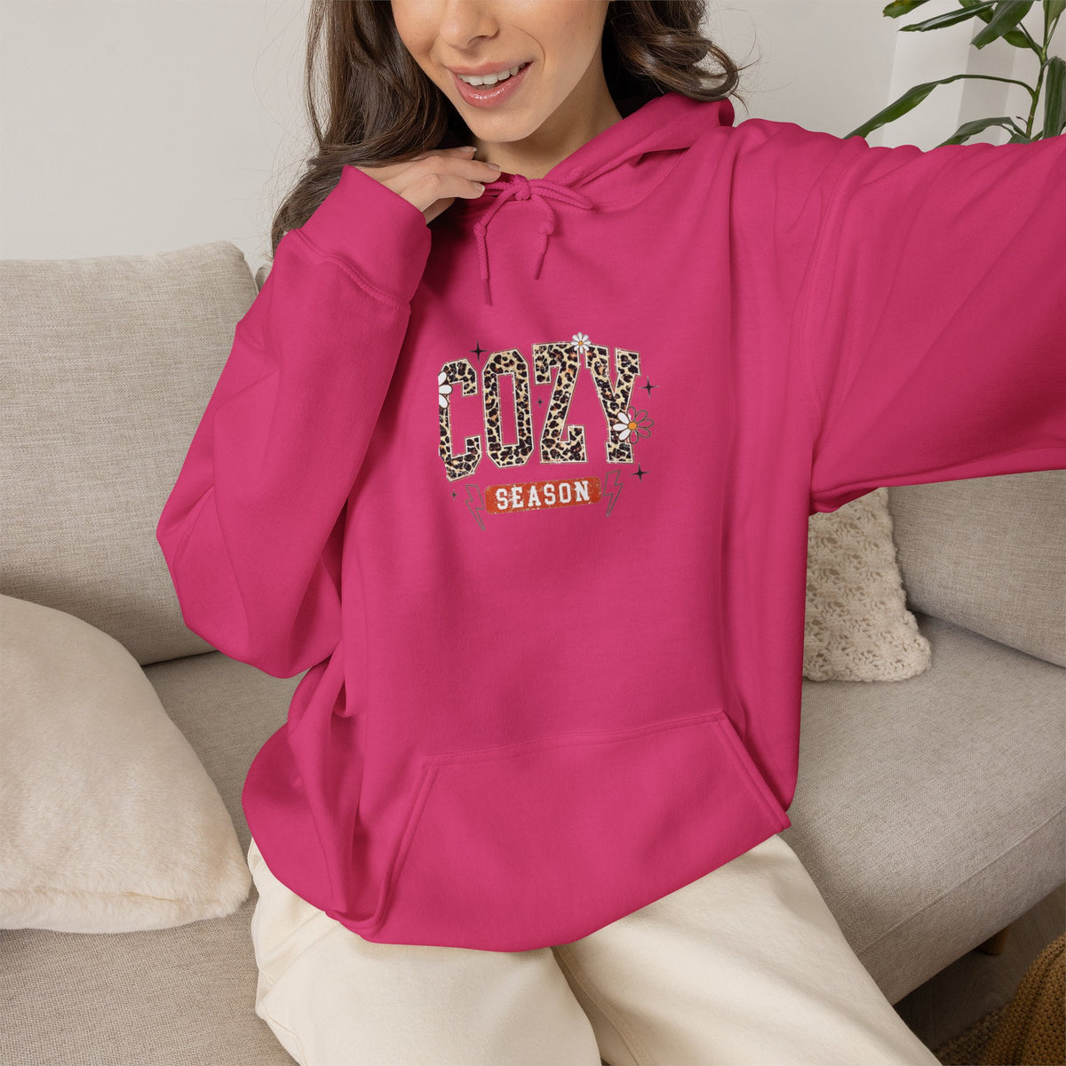 Cozy Season Hoodie — Leopard Script "Cozy" Fall Sweatshirt