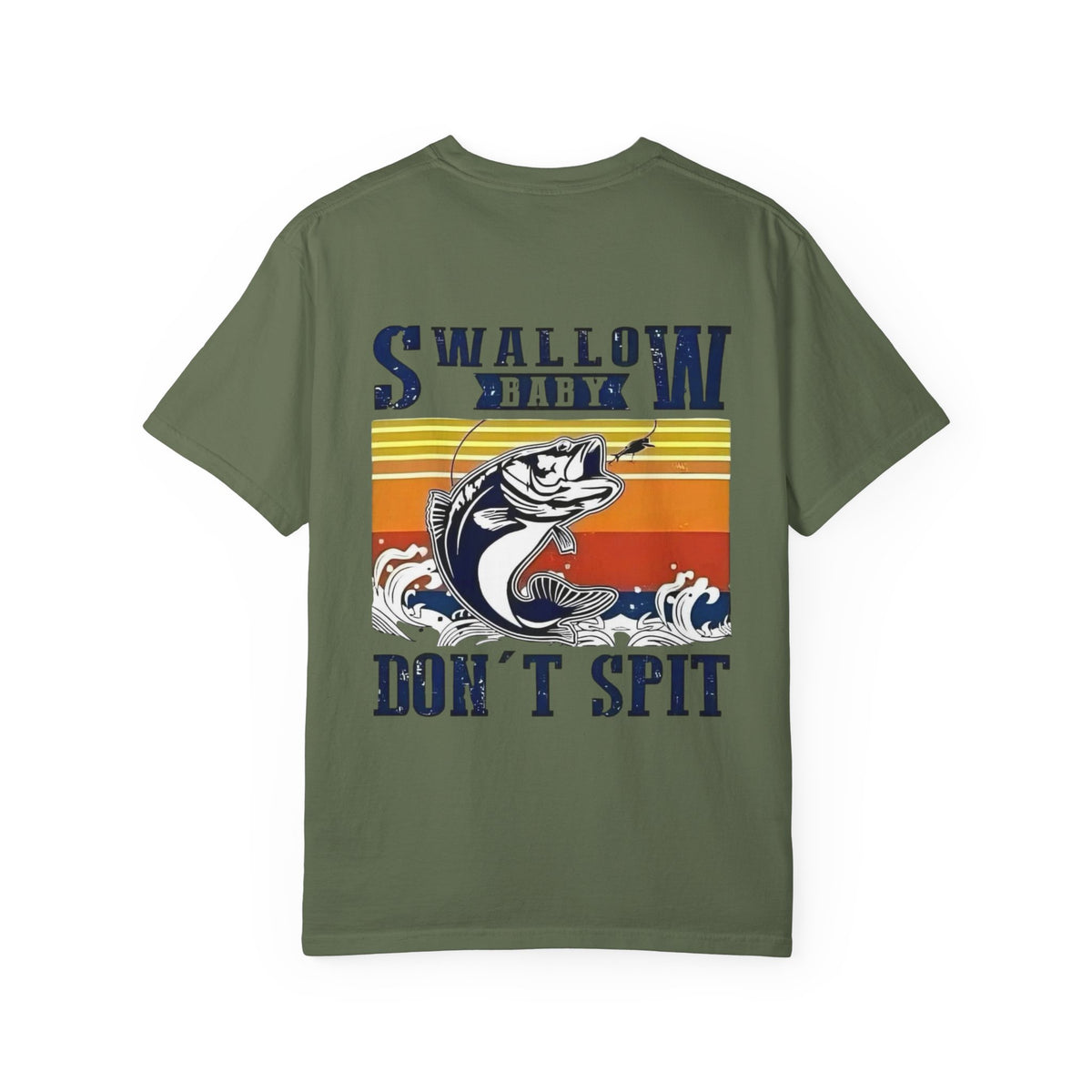 Swallow Baby Don't Spit Fishing Graphic T-Shirt | Retro Sunset Bass Design