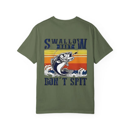 Swallow Baby Don't Spit Fishing Graphic T-Shirt | Retro Sunset Bass Design