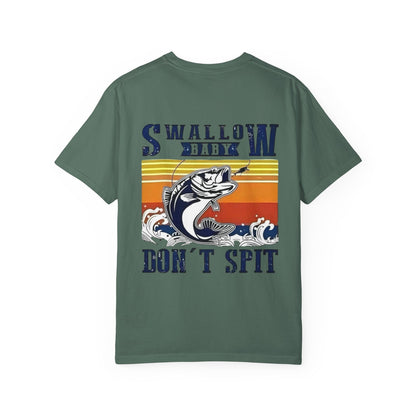 Swallow Baby Don't Spit Fishing Graphic T-Shirt | Retro Sunset Bass Design